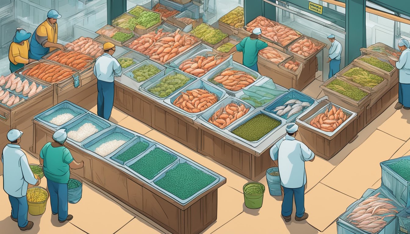 A bustling seafood market with vibrant displays of fresh and frozen prawns, highlighting the contrast in environmental and ethical considerations, taste quality, and convenience