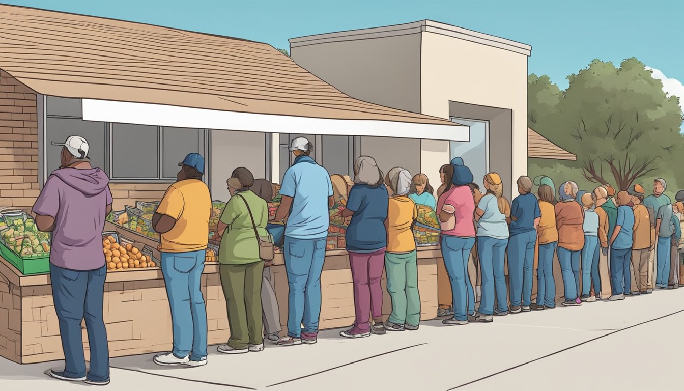 A line of people wait outside a food pantry in Caldwell County, Texas. Volunteers hand out free groceries to those in need