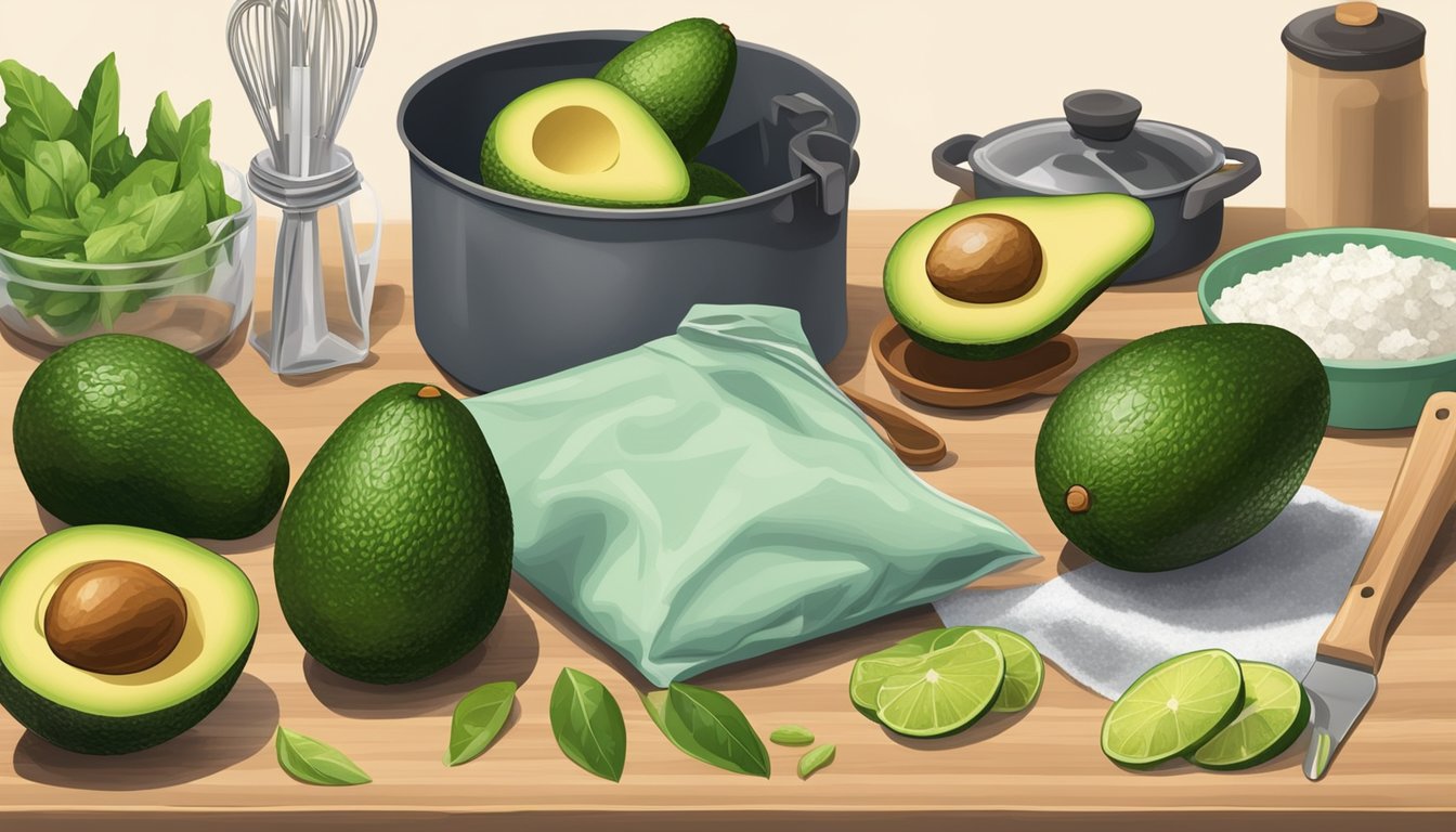 A kitchen counter with a fresh avocado on one side and a bag of frozen avocado on the other, surrounded by various cooking utensils and ingredients