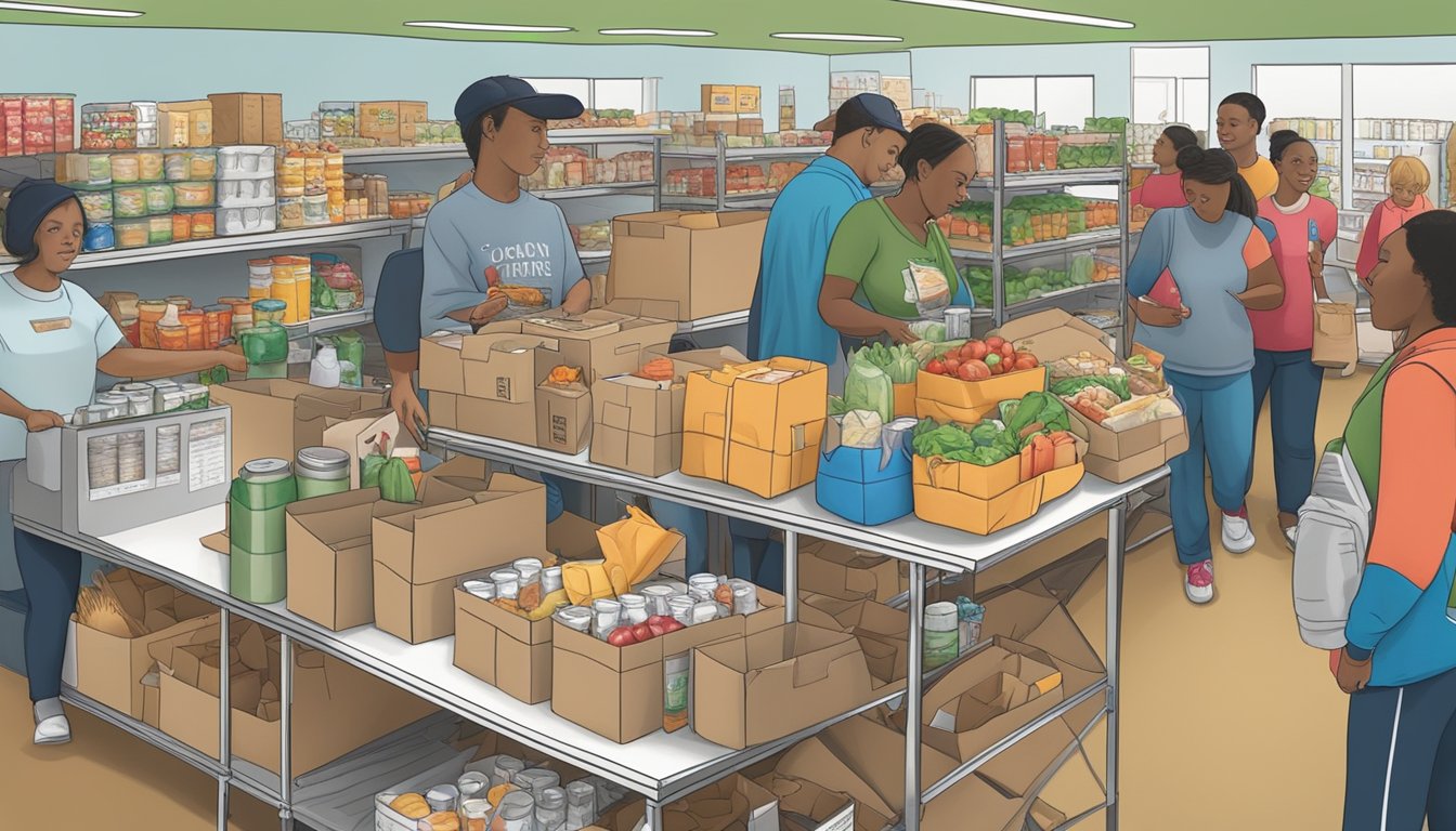 A bustling food pantry in Burnet County, Texas, with volunteers distributing free groceries to those in need