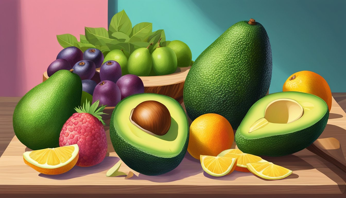 A frozen avocado sits next to a fresh avocado on a cutting board, surrounded by a variety of fruits and vegetables. The vibrant colors and textures of the produce create an inviting and appetizing scene