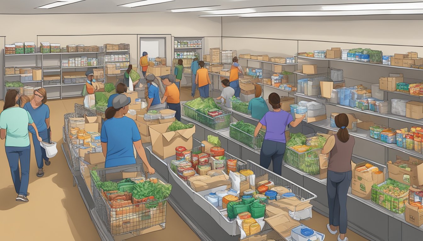 A bustling food pantry in Bailey County, Texas, with volunteers distributing free groceries to those in need