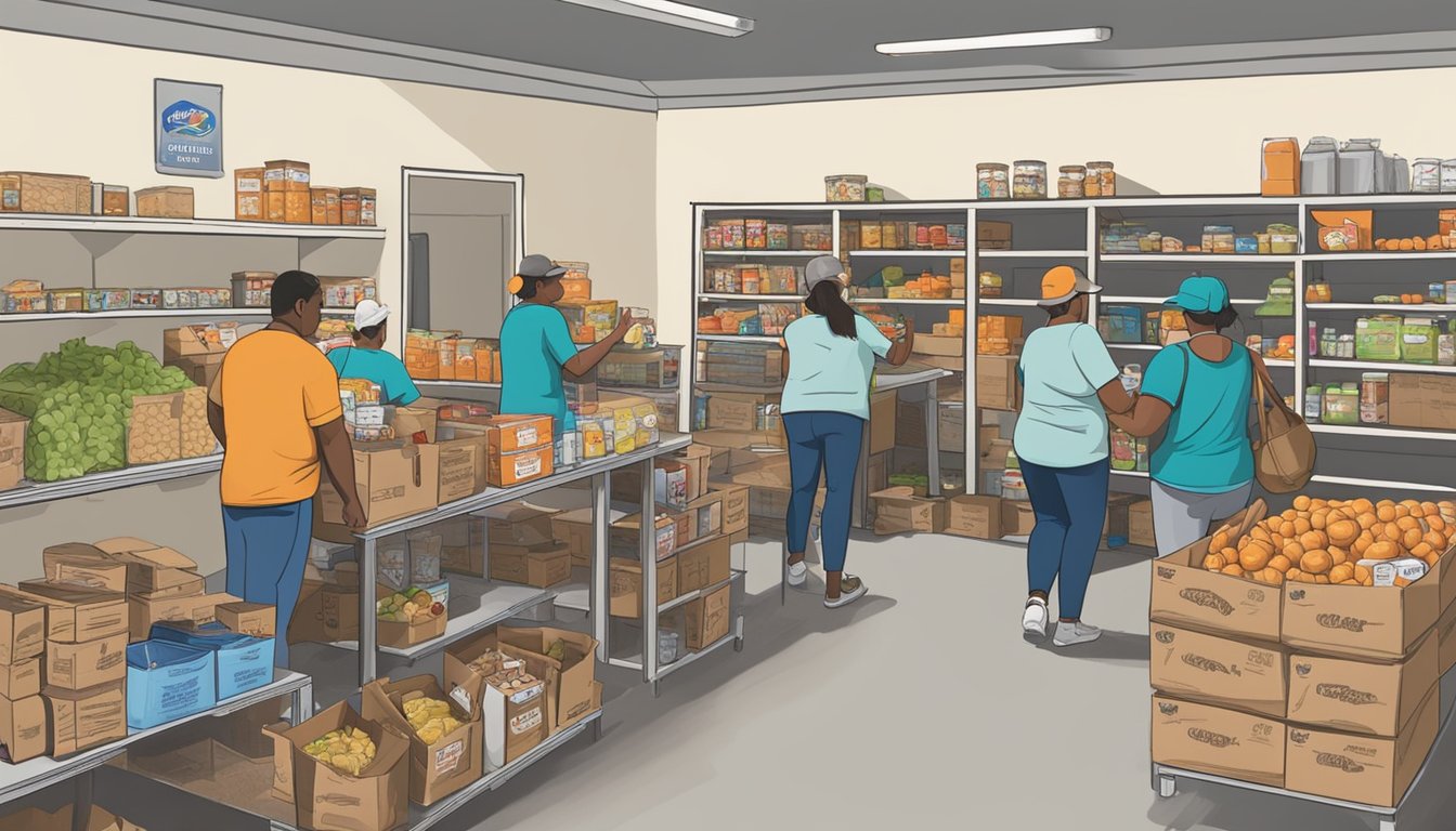 A bustling food pantry in Cameron County, Texas, with volunteers distributing free groceries to those in need