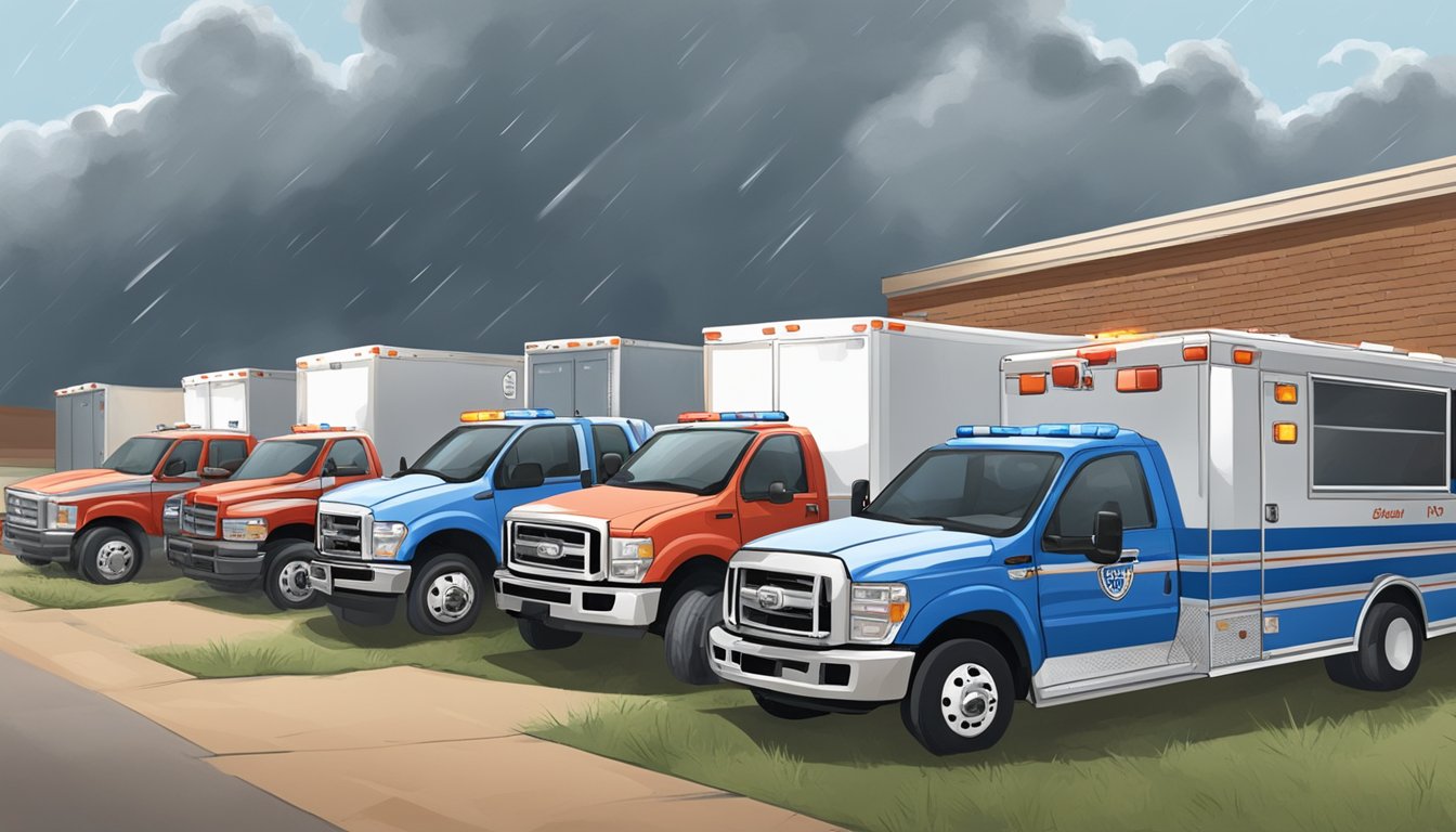 Emergency vehicles parked outside a food pantry in Bailey County, Texas as volunteers distribute groceries to those in need during inclement weather