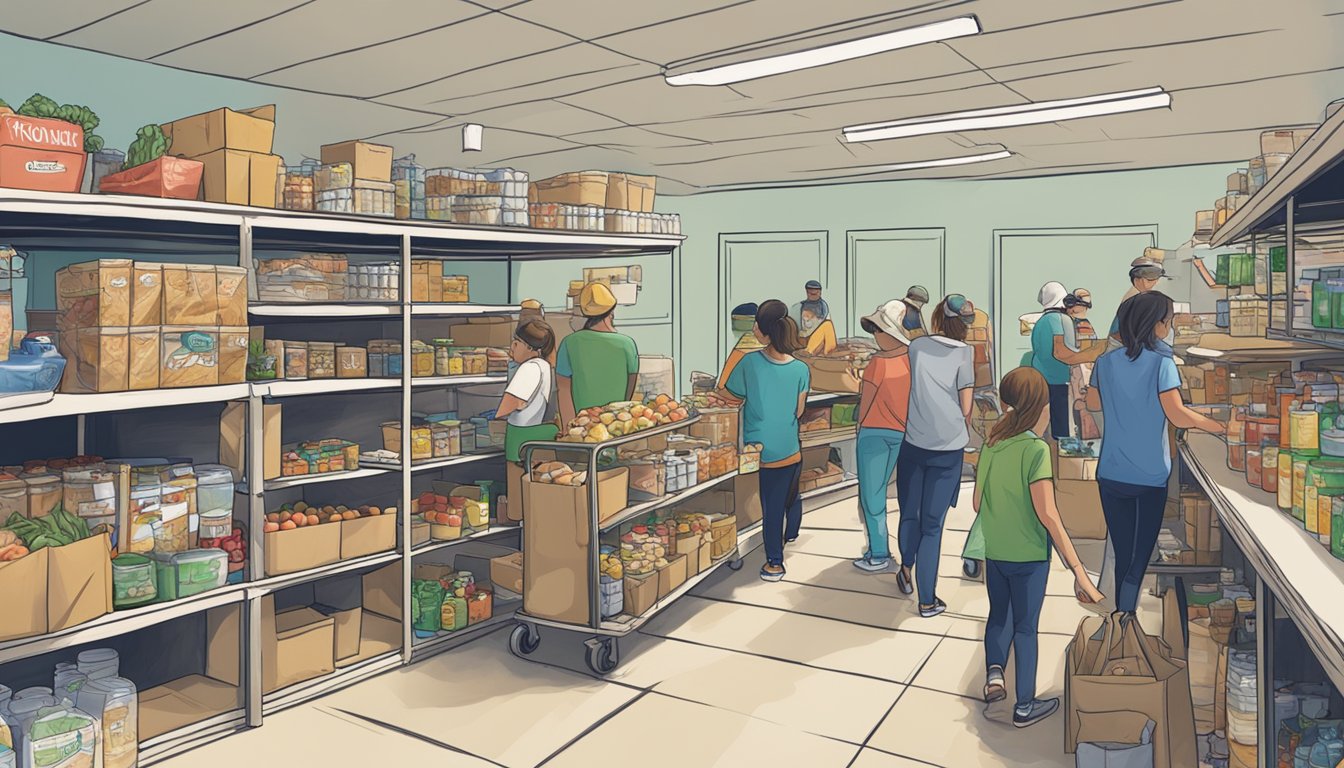 A bustling food pantry in Callahan County, Texas, with volunteers distributing free groceries to those in need