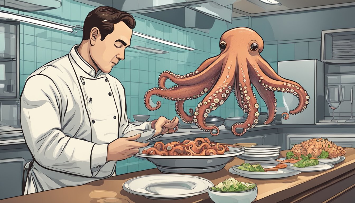 A table set with two plates, one with frozen octopus and the other with fresh octopus. A chef stands by, ready to conduct a taste test