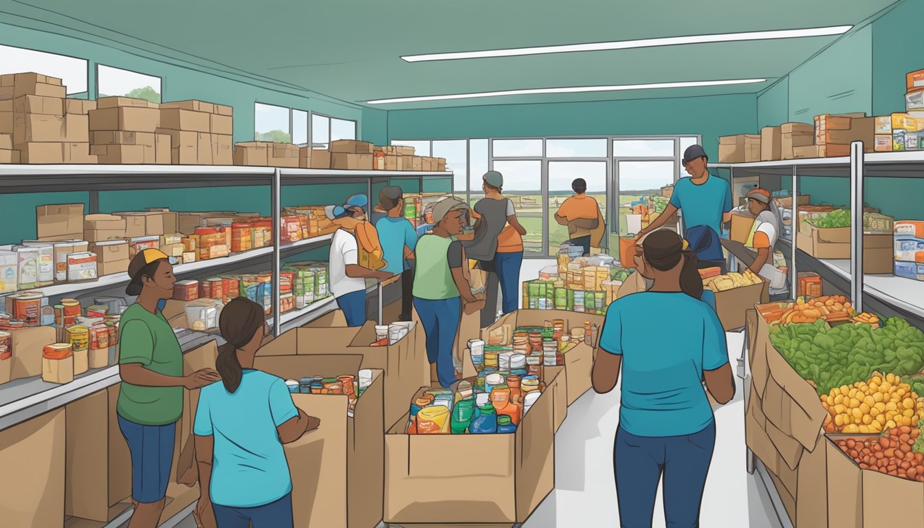 A bustling food pantry in Callahan County, Texas, with volunteers distributing free groceries to those in need