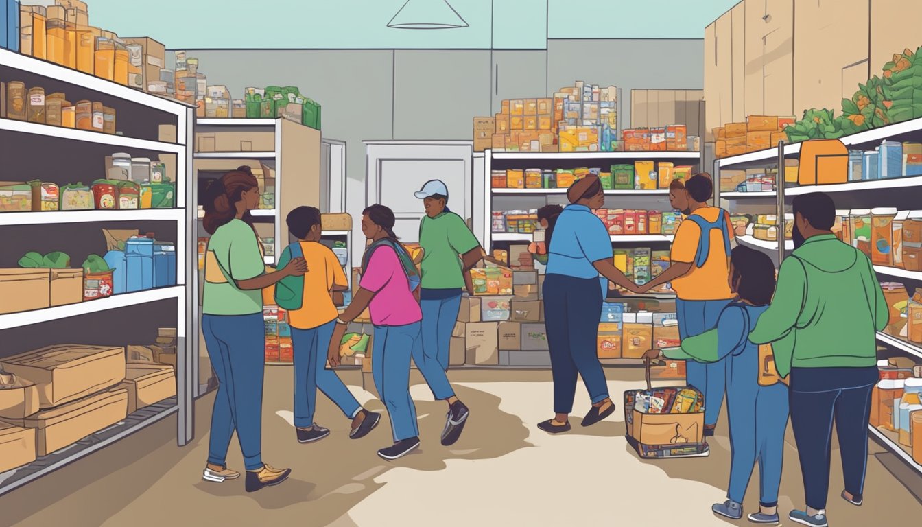 A bustling food pantry in Cameron County, Texas, with volunteers distributing free groceries to vulnerable groups