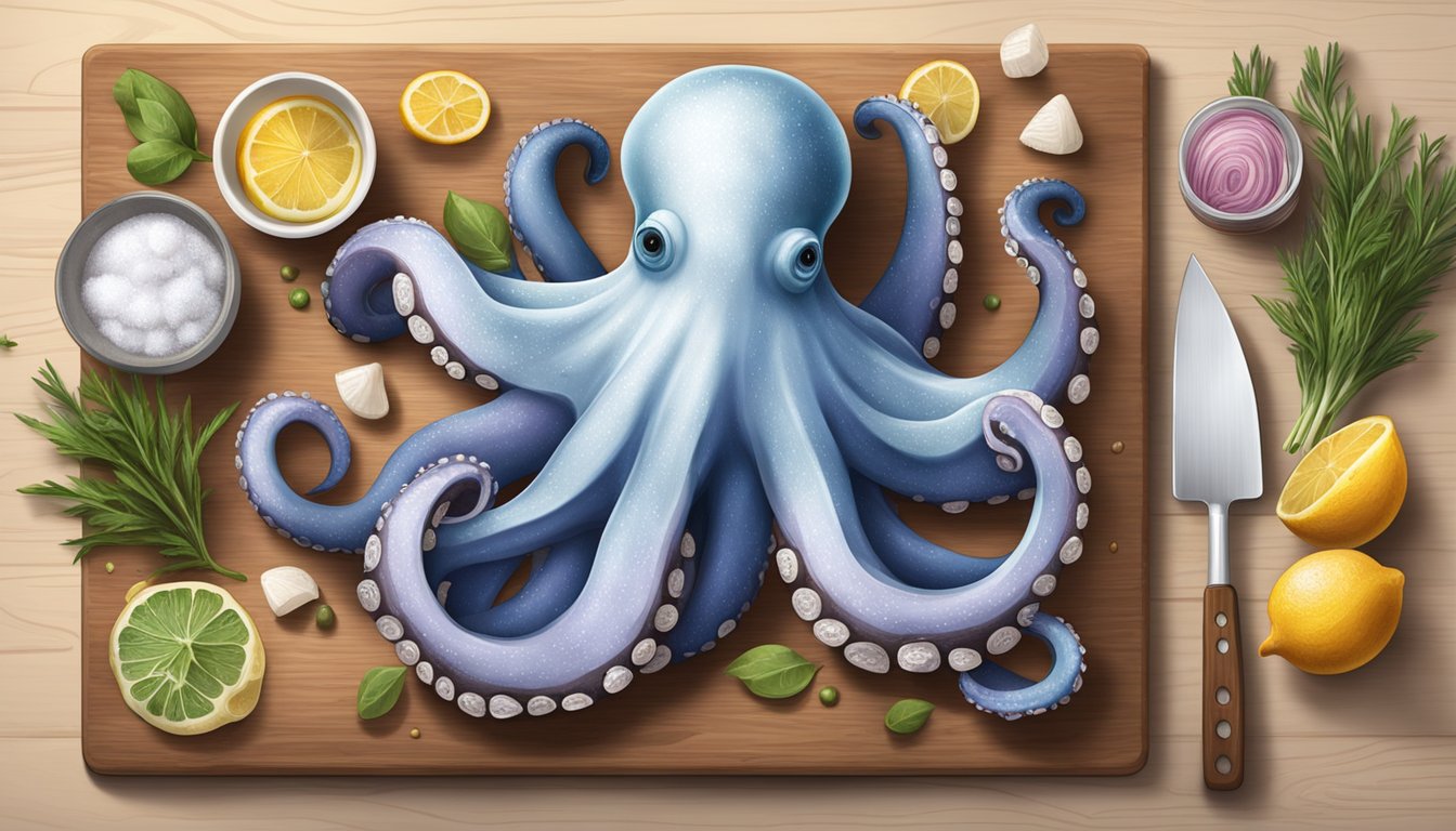 A frozen and a fresh octopus sit side by side on a wooden cutting board, surrounded by various cooking utensils and ingredients