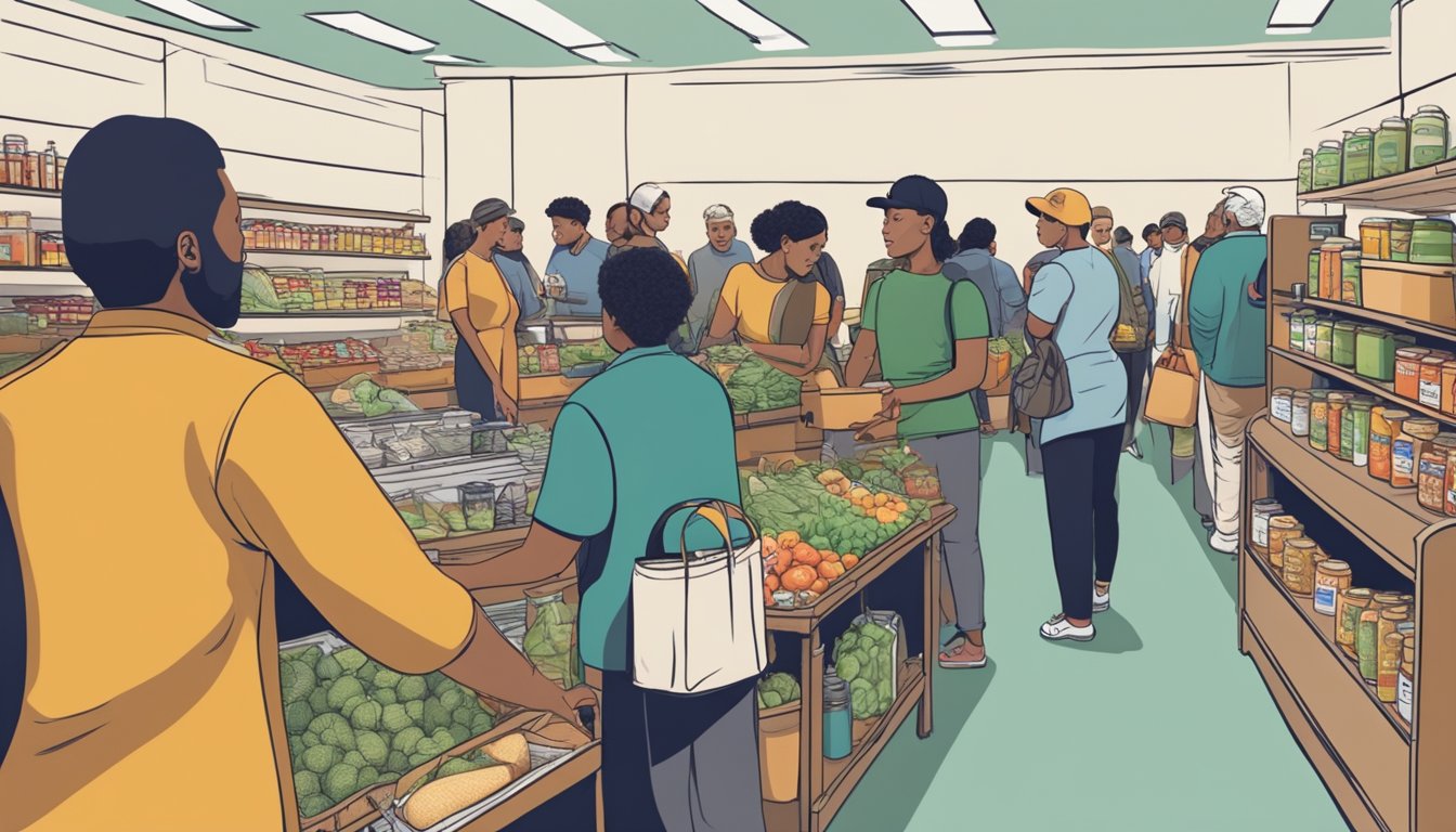 A bustling food pantry with shelves stocked full of groceries, volunteers assisting visitors, and a line of people waiting for assistance