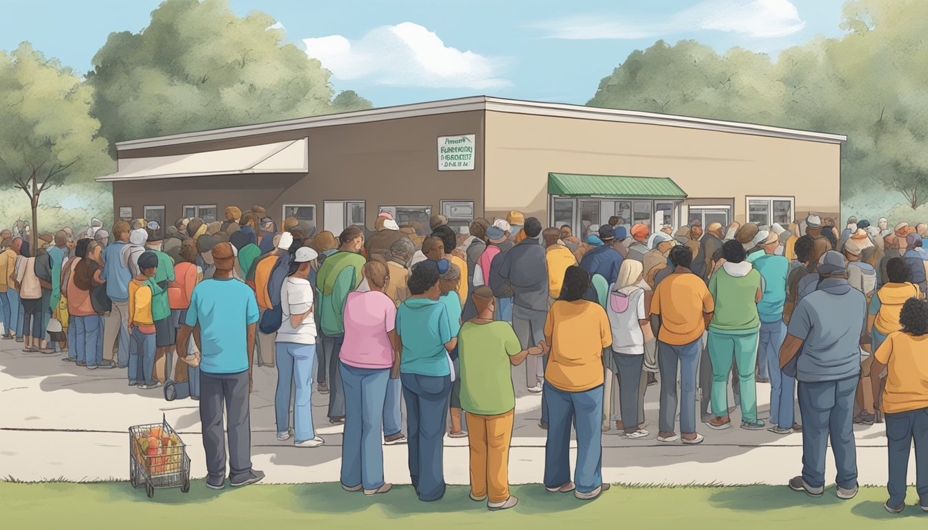 A line of people waiting outside a food pantry in Cameron County, Texas, with volunteers distributing free groceries to those in need