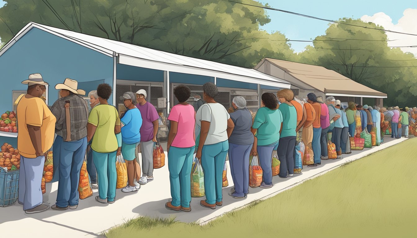 A line of people waiting outside a food pantry, with volunteers distributing free groceries in Atascosa County, Texas