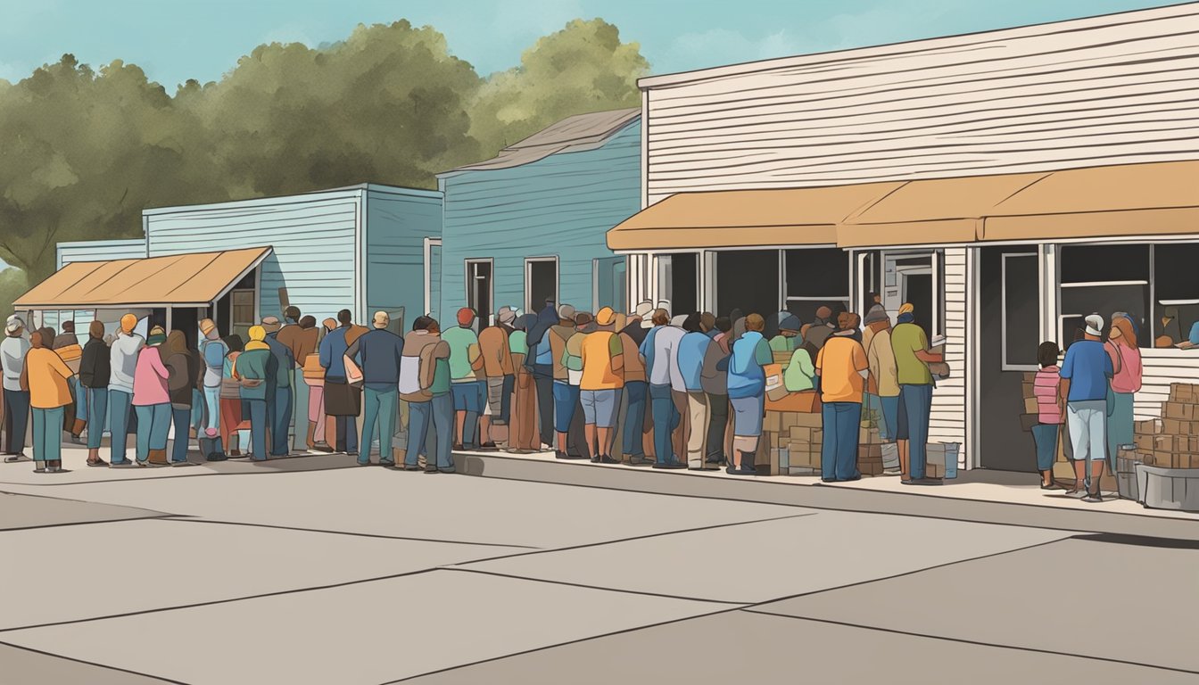 A line of people waits outside a food pantry in Cameron County, Texas. Volunteers distribute free groceries and supplies to those in need