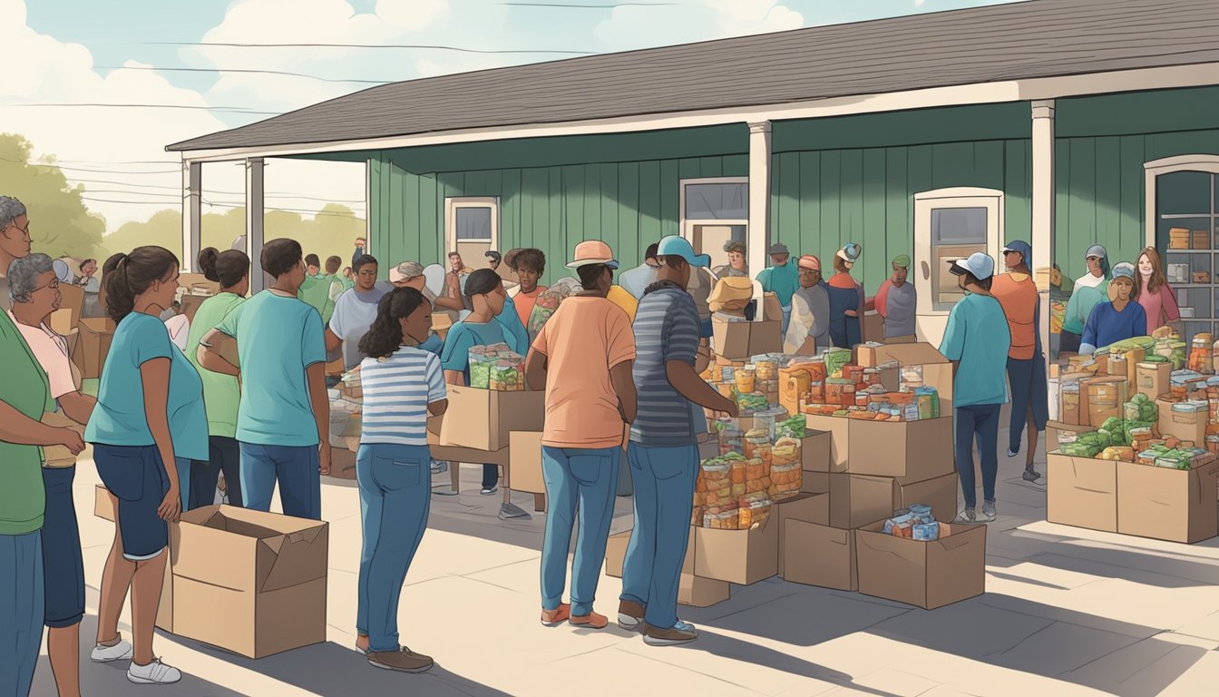 A bustling food pantry in Atascosa County, Texas, with volunteers distributing free groceries to those in need