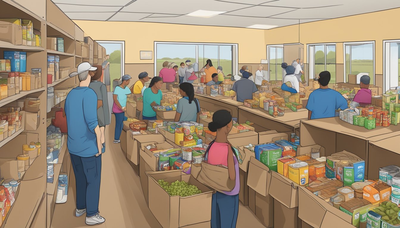 A bustling food pantry in Cameron County, Texas, with volunteers distributing free groceries to those in need