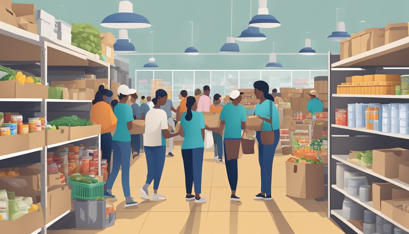 A bustling food pantry in Cameron County, Texas, with volunteers distributing free groceries to those in need