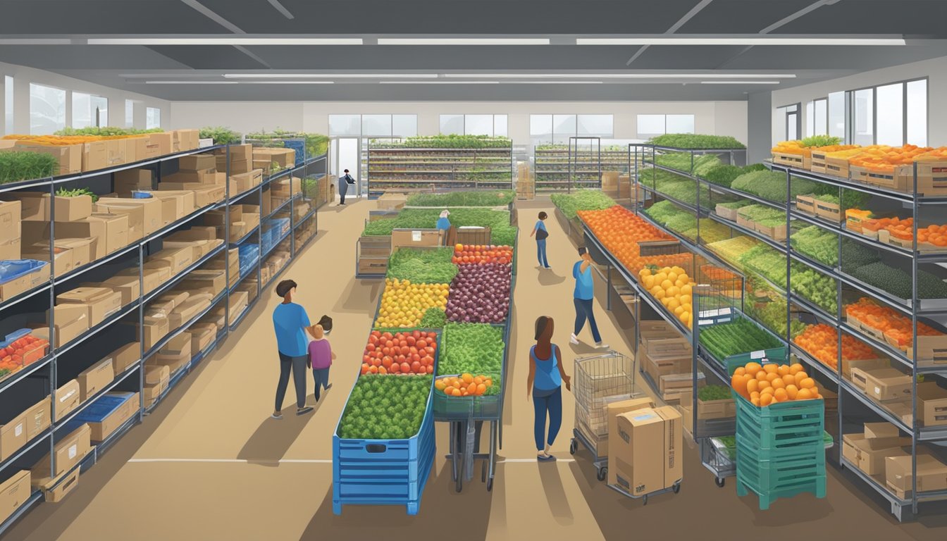 A bustling distribution center with crates of fresh produce and shelves of non-perishable goods, volunteers assisting community members in need