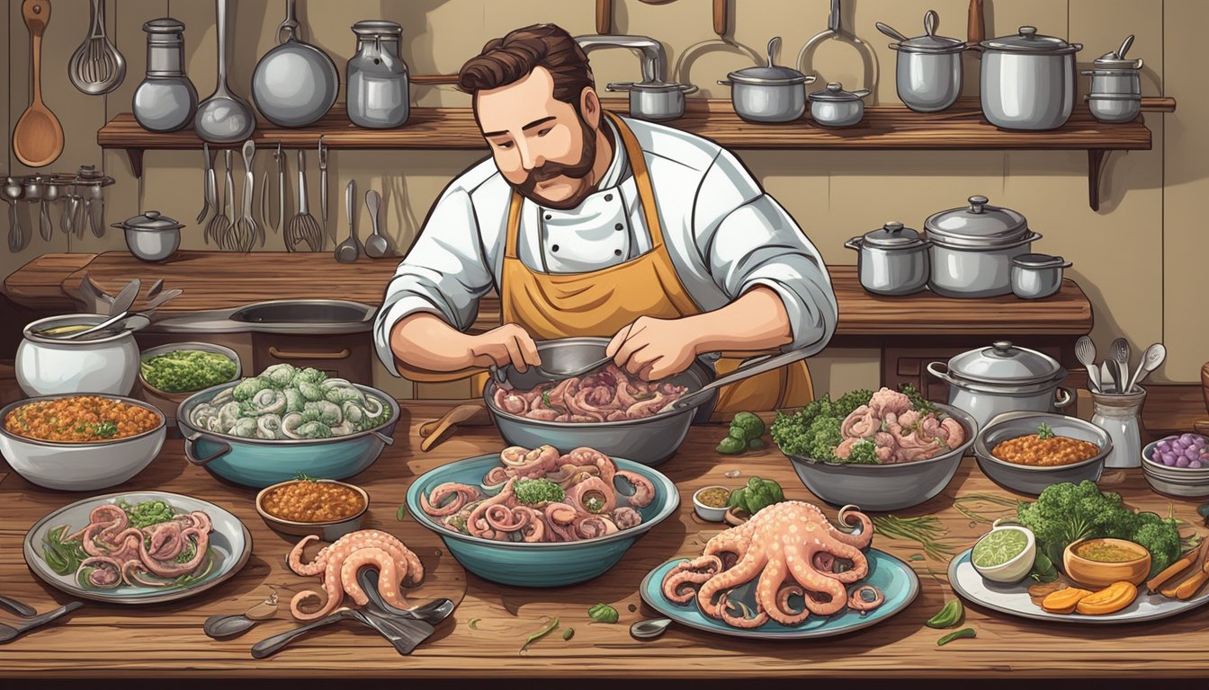 A chef prepares a variety of dishes using both frozen and fresh octopus for a taste test. The tentacled creatures are laid out on a wooden cutting board, surrounded by various cooking utensils and ingredients