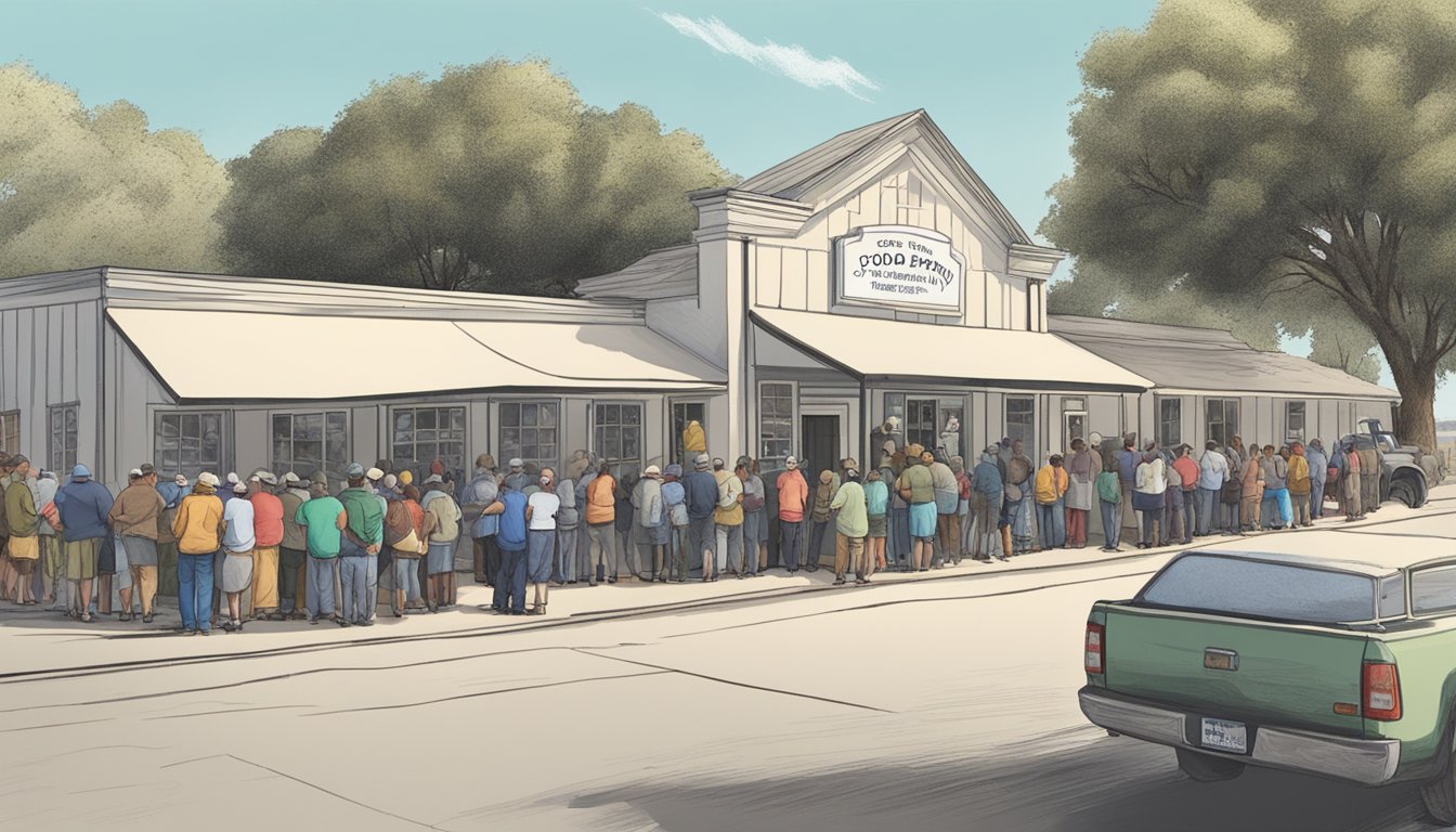 A line of people waiting outside a food pantry in Atascosa County, Texas, with volunteers handing out groceries and supplies