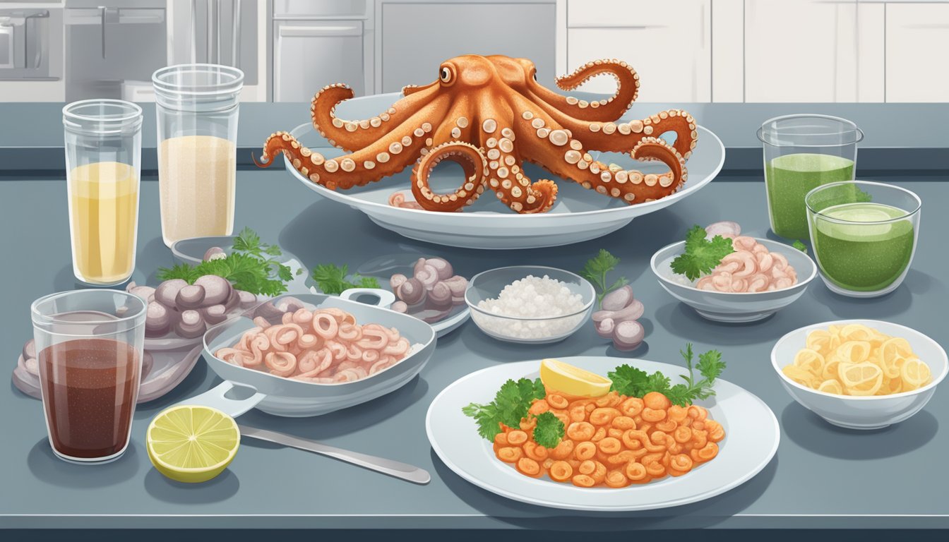 A comparison of fresh and frozen octopus on a clean, modern kitchen countertop. Two plates with tentacle dishes, surrounded by various measuring cups and nutrition labels