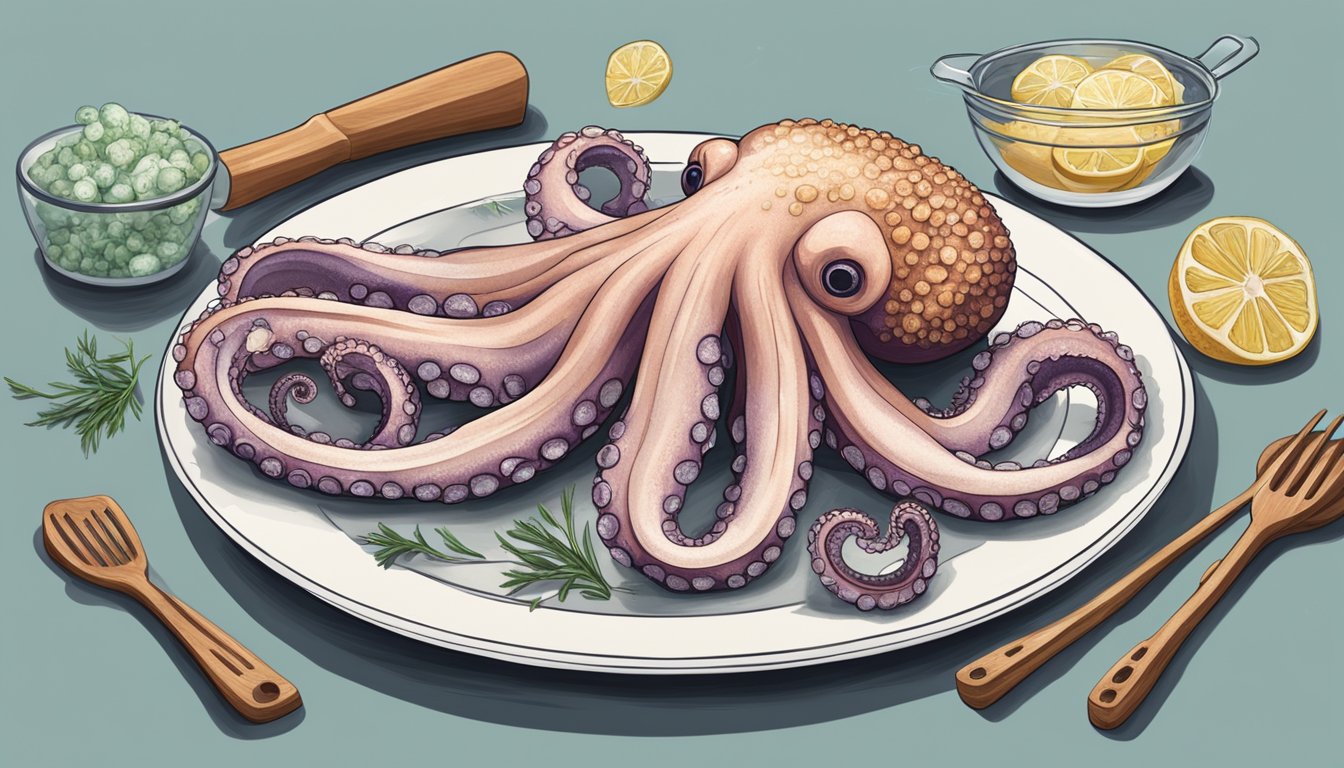 A frozen octopus and a fresh octopus sit side by side on a plate, surrounded by various cooking utensils and ingredients