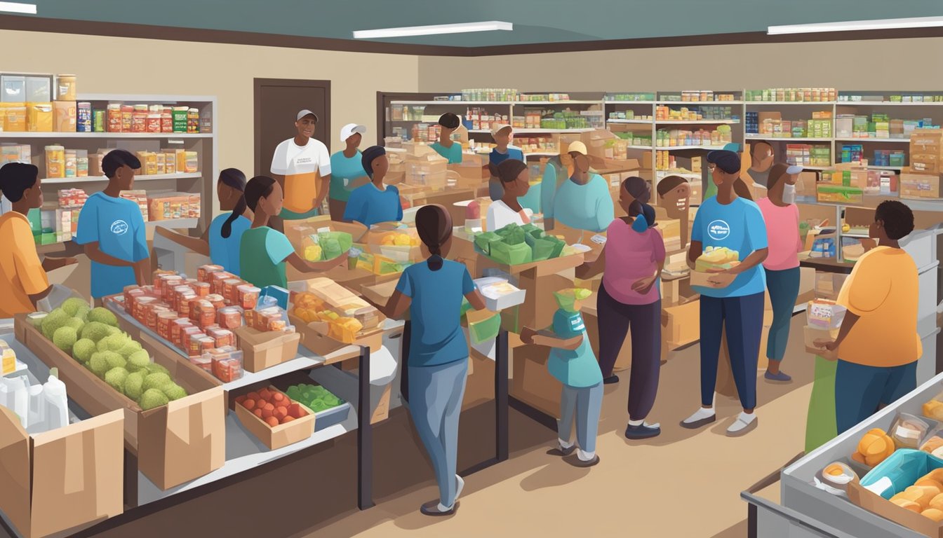 A bustling food pantry with volunteers distributing groceries to families in need