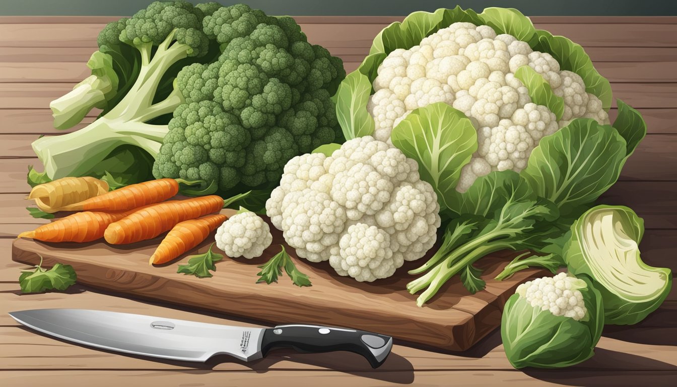 A table with frozen and fresh cauliflower side by side, surrounded by various varieties of the vegetable. A scale and a cutting board with a knife are also present for comparison