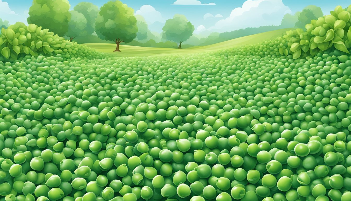 A vibrant illustration of fresh green peas growing in a lush garden, contrasting with a pile of frozen peas in a plastic bag. The scene highlights the environmental impact and sustainability of each option