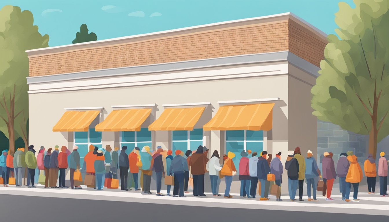 People lined up outside a food pantry, waiting for free groceries. Tables stacked with food items, volunteers helping those in need