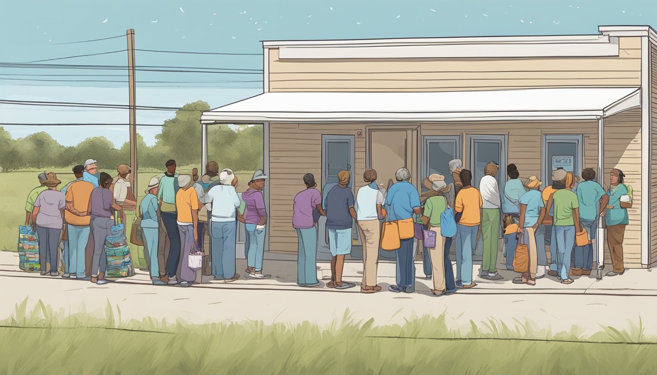 A line of people waiting outside a food pantry in Callahan County, Texas, with volunteers handing out free groceries