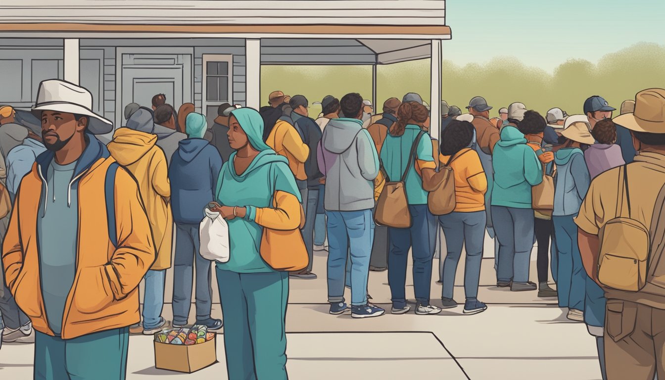 A line of people waits outside a food pantry in Callahan County, Texas. Volunteers distribute free groceries to those in need