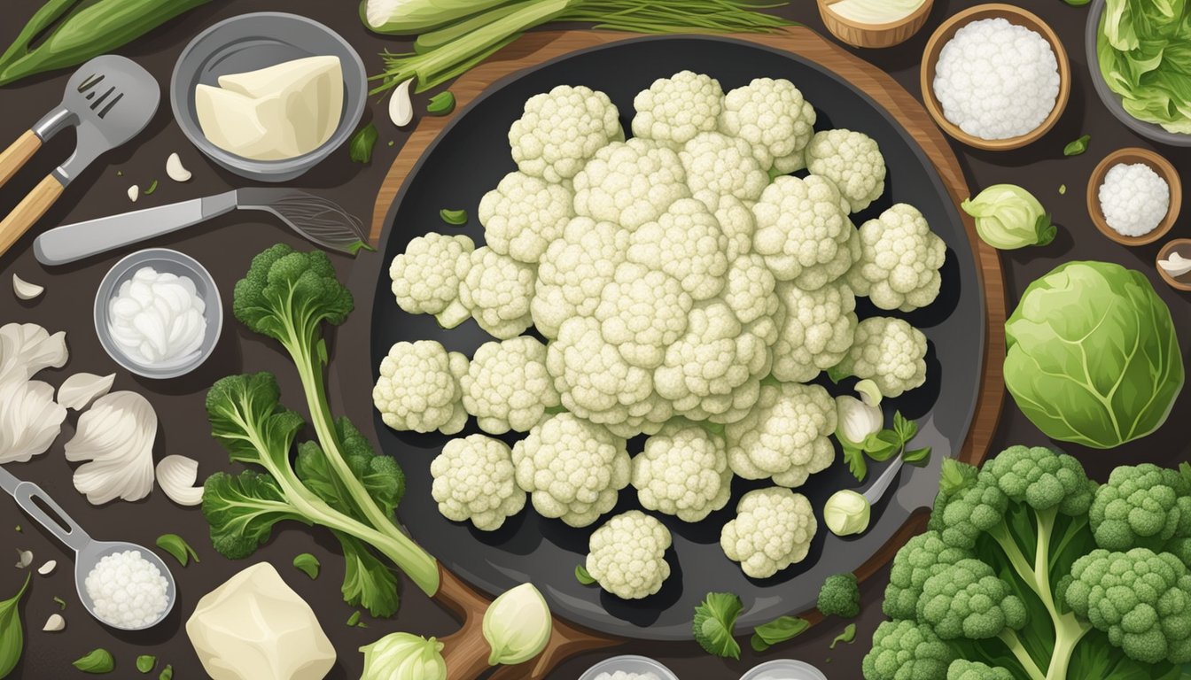 A chef slicing fresh cauliflower next to a bag of frozen cauliflower, surrounded by various cooking utensils and ingredients