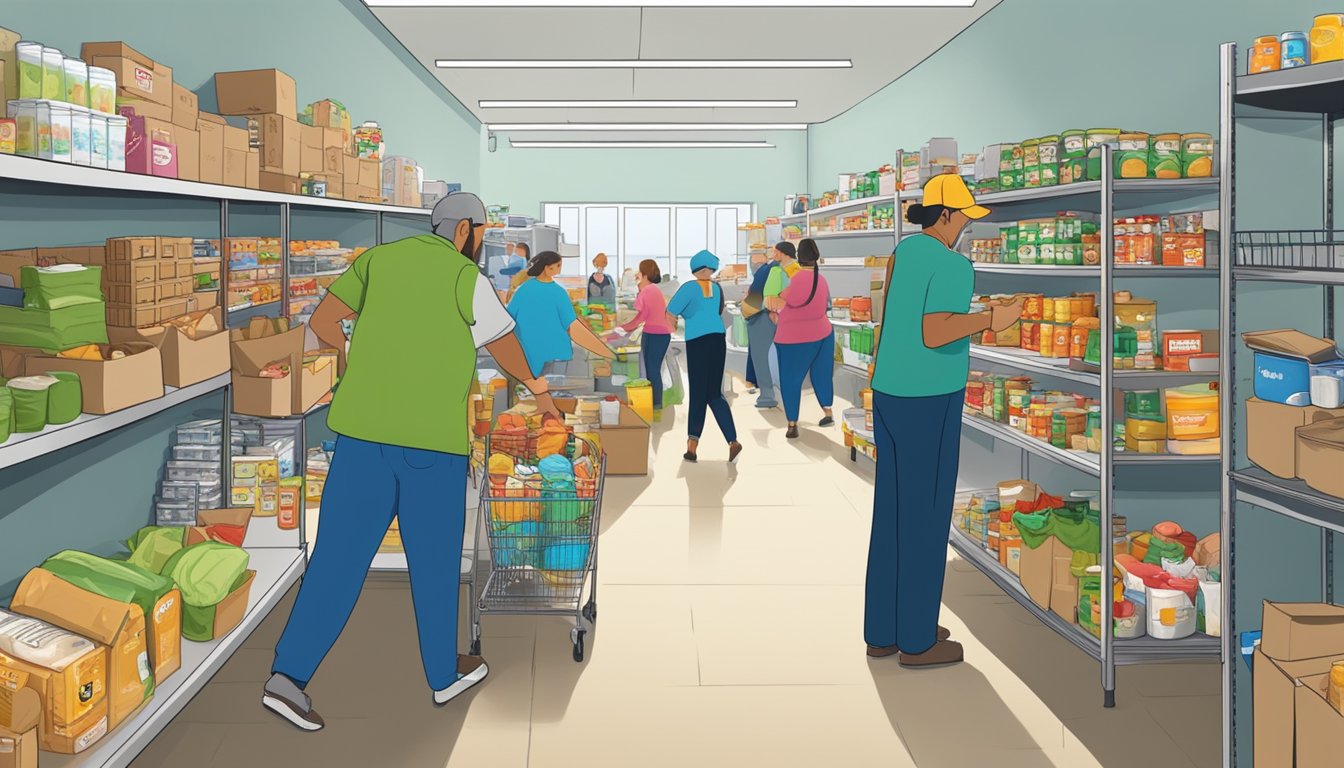 A bustling food pantry in Callahan County, Texas, with shelves stocked full of free groceries and volunteers assisting those in need