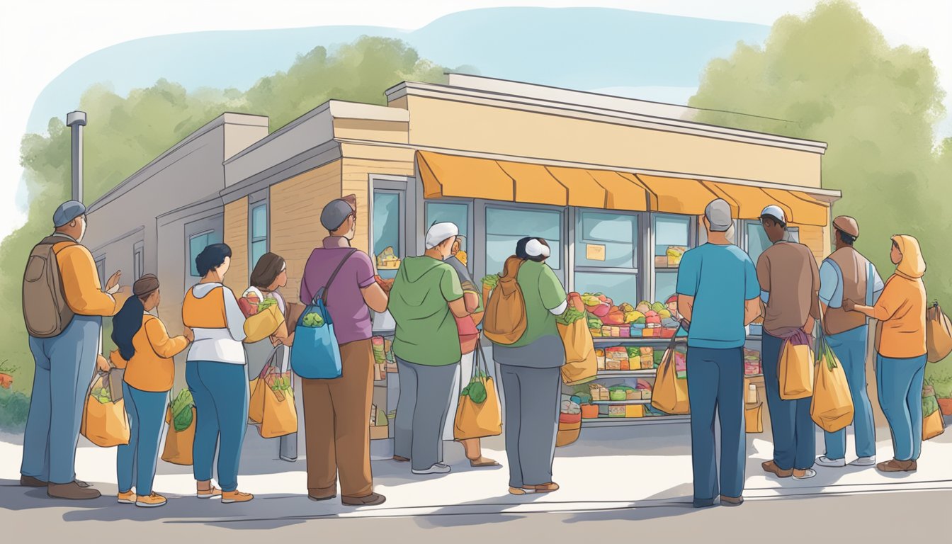 A line of people waiting outside a food pantry, with volunteers handing out bags of groceries