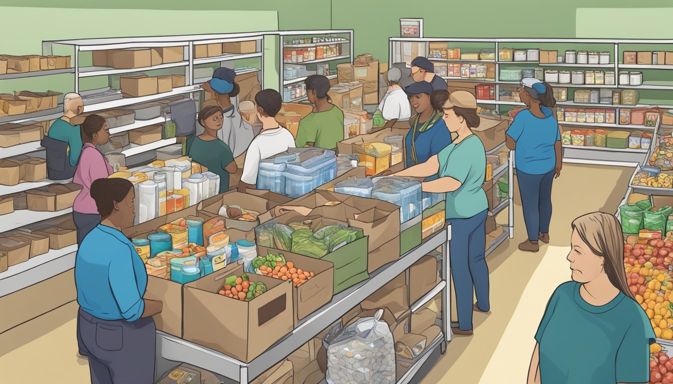 A bustling food pantry in Callahan County, Texas, with volunteers distributing free groceries to those in need