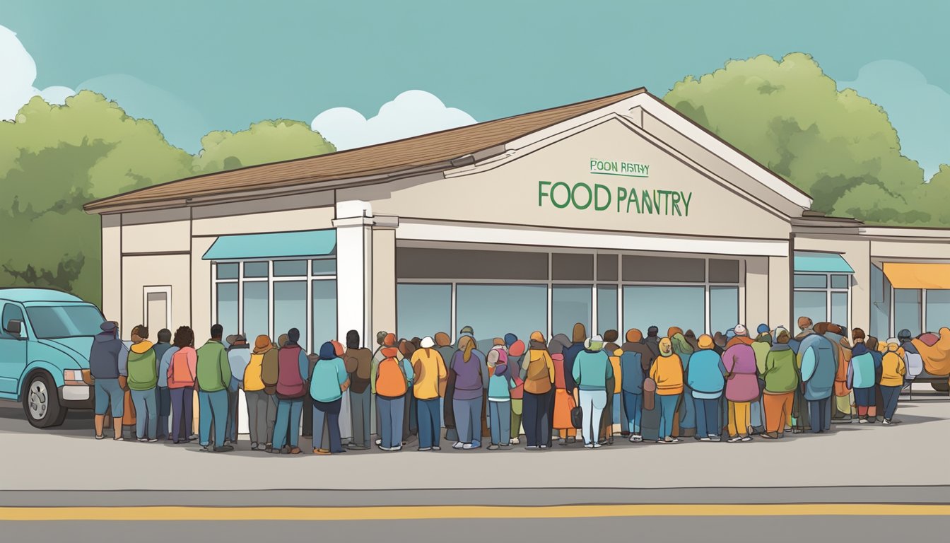 A line of people waiting outside a food pantry in Cass County, Texas, with volunteers distributing free groceries