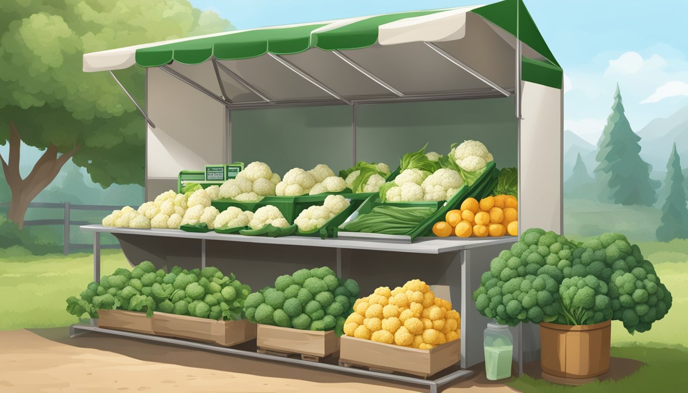 A farmer's market stall with a display of fresh cauliflower next to a freezer section with bags of frozen cauliflower. The stall is surrounded by greenery and other produce