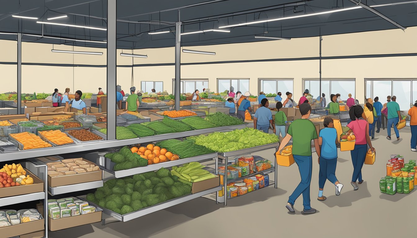 A bustling food bank in Callahan County, Texas, with volunteers distributing free groceries to those in need