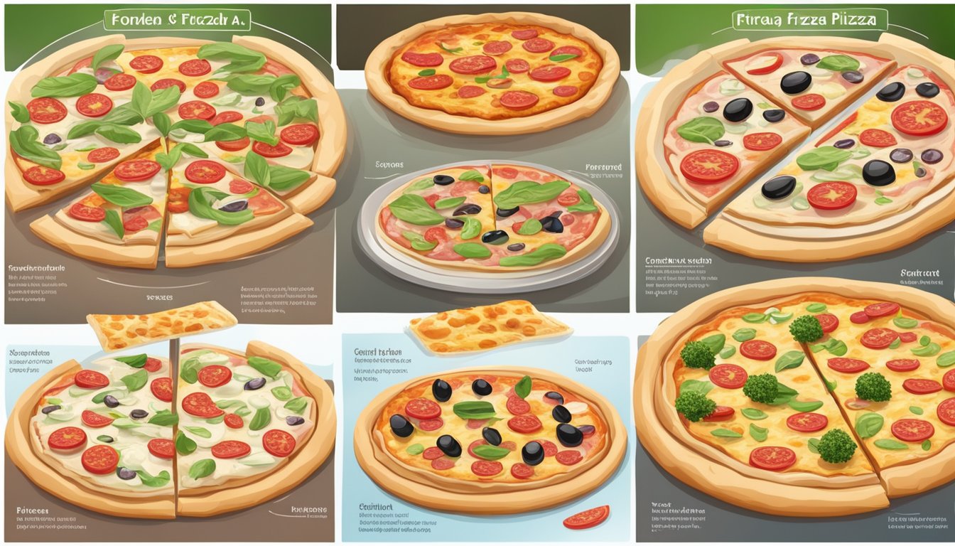 A comparison of a frozen pizza and a fresh pizza, with various ingredients and packaging displayed