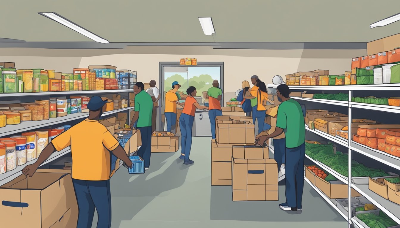 A bustling food pantry in Bandera County, Texas, with volunteers distributing free groceries to those in need