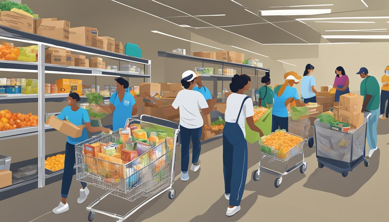 A bustling food pantry in Cass County, Texas, with volunteers distributing free groceries to those in need