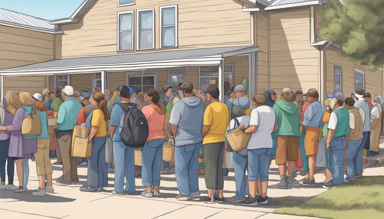 A line of people wait outside a food pantry in Bandera County, Texas, as volunteers distribute free groceries to those in need