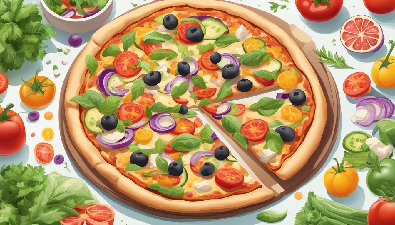 A comparison of a fresh pizza with colorful, vibrant toppings next to a frozen pizza in its packaging, surrounded by various fresh ingredients like vegetables and herbs