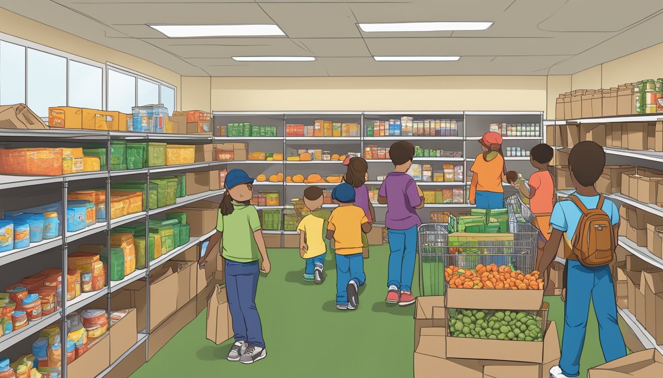 A bustling food pantry in Cass County, Texas, with children and youth receiving free groceries and supplies