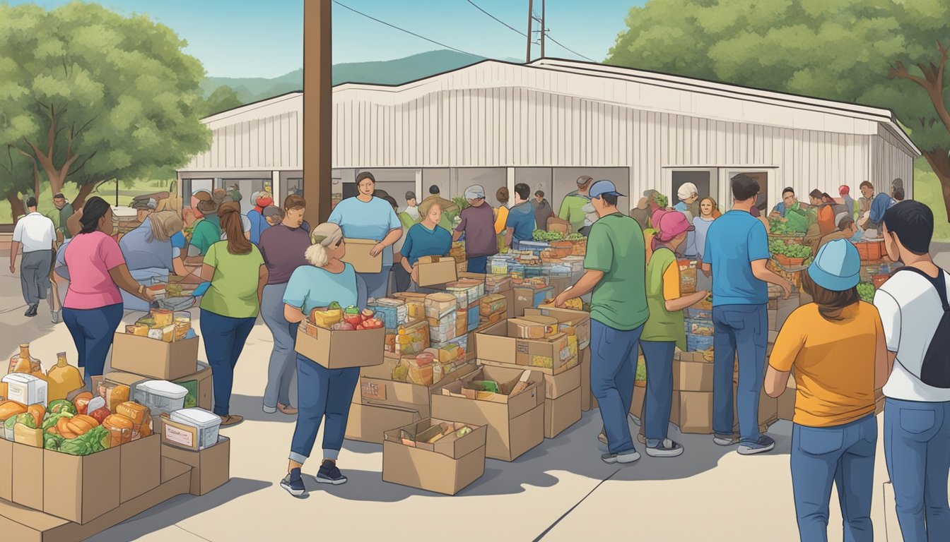 A bustling food pantry in Bandera County, Texas, with volunteers distributing free groceries to those in need