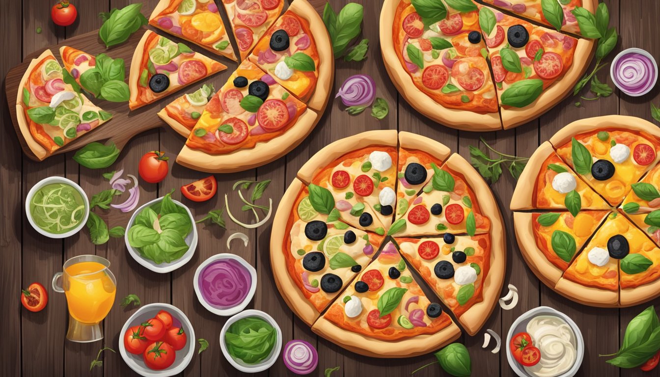 A colorful spread of fresh and frozen pizzas, with vibrant toppings and ingredients, displayed on a rustic wooden table