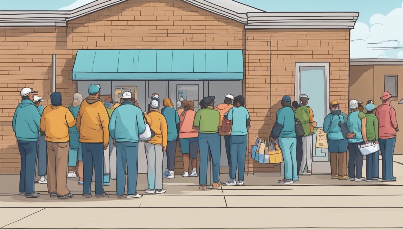 A line of people waits outside a food pantry in Carson County, Texas. Volunteers hand out free groceries to those in need