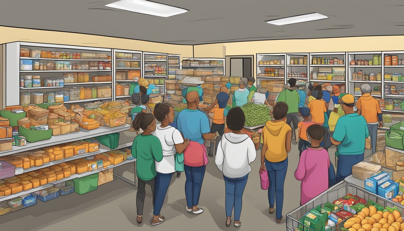 A bustling food pantry in Bandera County, Texas, with volunteers distributing free groceries and providing nutritional education and support to those in need