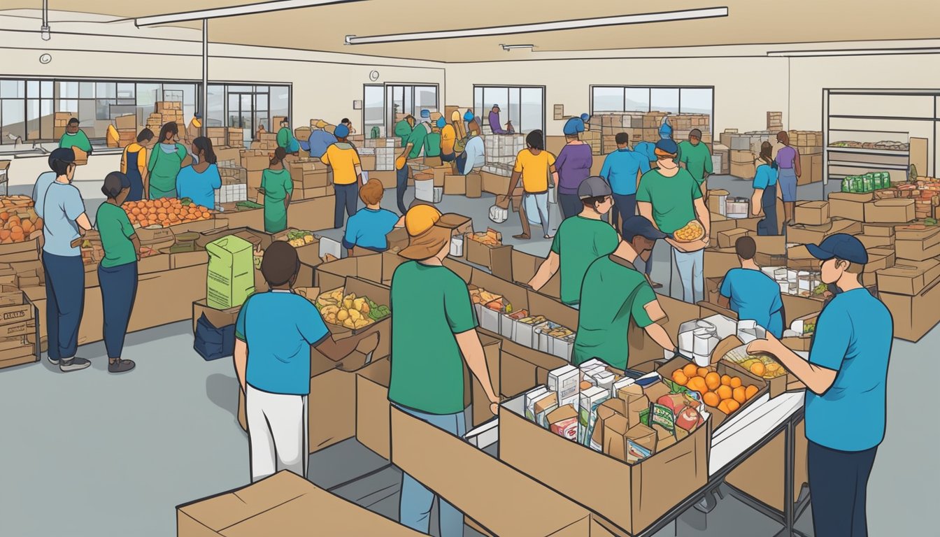 A bustling food bank in Carson County, Texas, with volunteers distributing free groceries to those in need