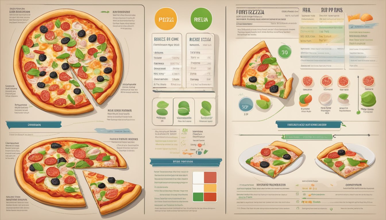 A side-by-side comparison of a frozen pizza and a fresh pizza, with a focus on their ingredients and nutritional information